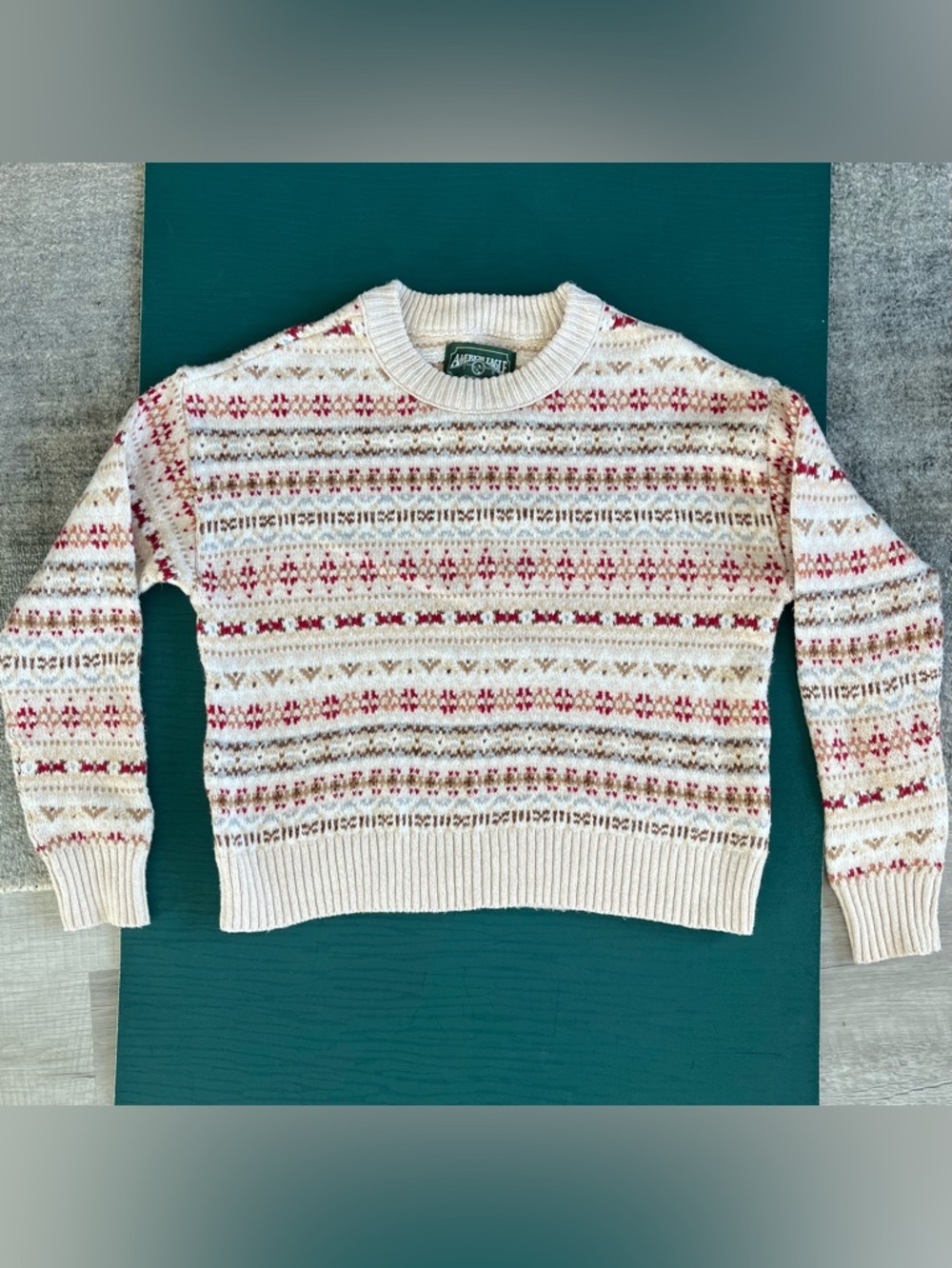 American Eagle Heritage Fair Isle Crewneck Knit Sweater Size XS Cream Soft Cozy